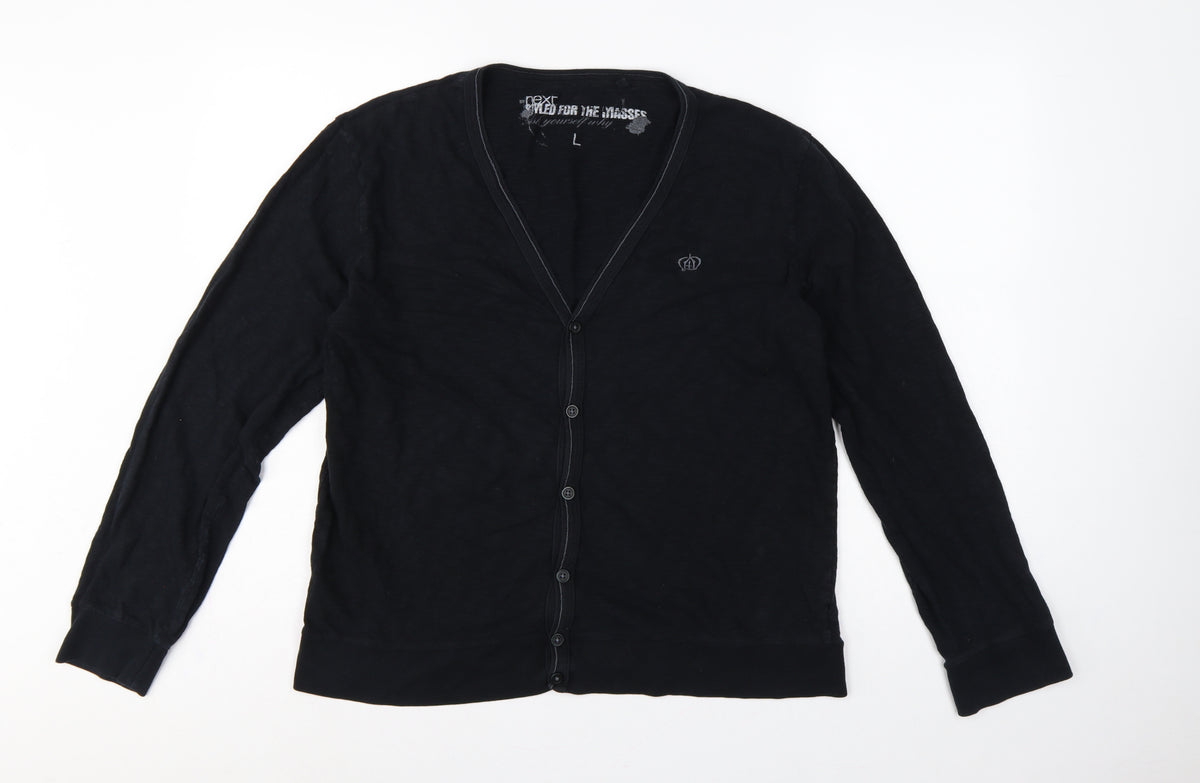 Next Men’s Black L Cotton Button Cardigan V-Neck Logo Sweatshirt