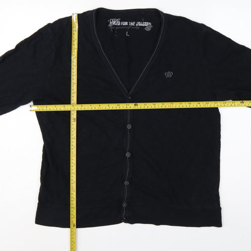 Next Men’s Black L Cotton Button Cardigan V-Neck Logo Sweatshirt