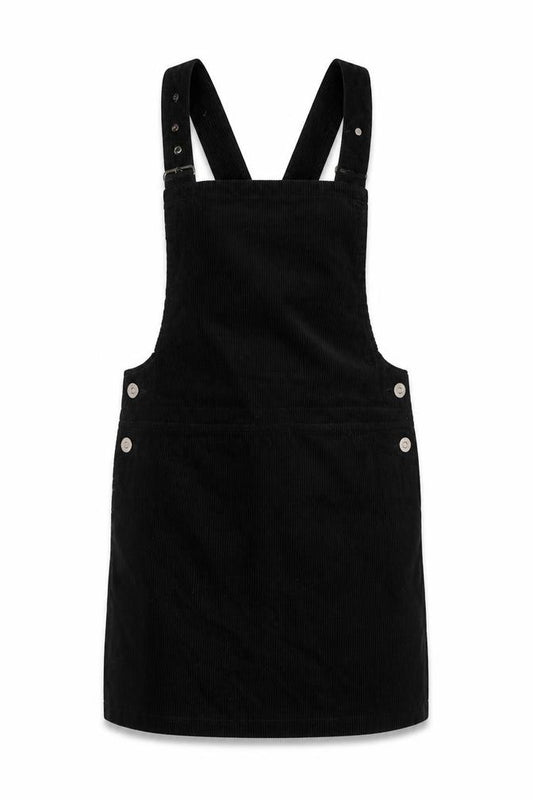 Front view of New Look Women Black Corduroy Pinafore Dress UK 12 Short Adjustable