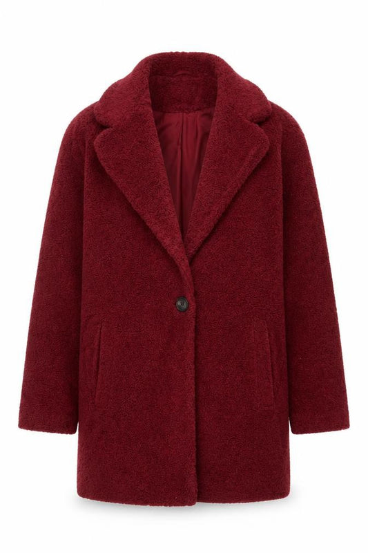 Front view of Next girls’ red teddy fleece coat 15 years collared lined pockets