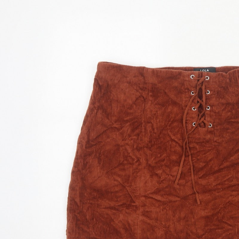 Lola Skye Women Brown UK 16 Corduroy Lace Up Mini Pencil Skirt