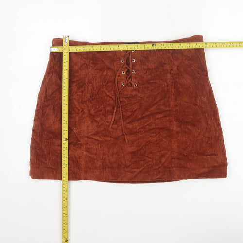 Lola Skye Women Brown UK 16 Corduroy Lace Up Mini Pencil Skirt