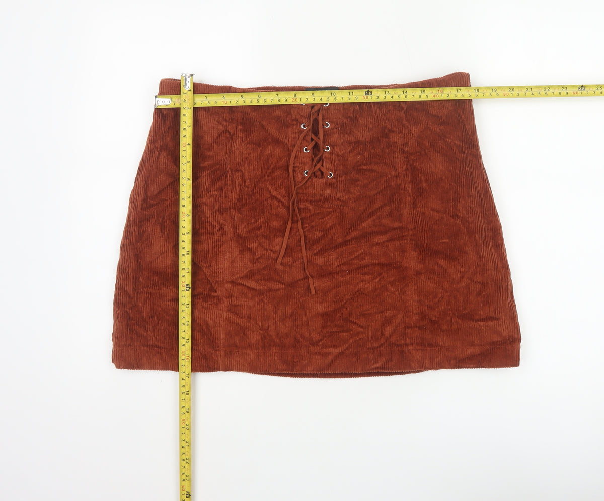 Lola Skye Women Brown UK 16 Corduroy Lace Up Mini Pencil Skirt