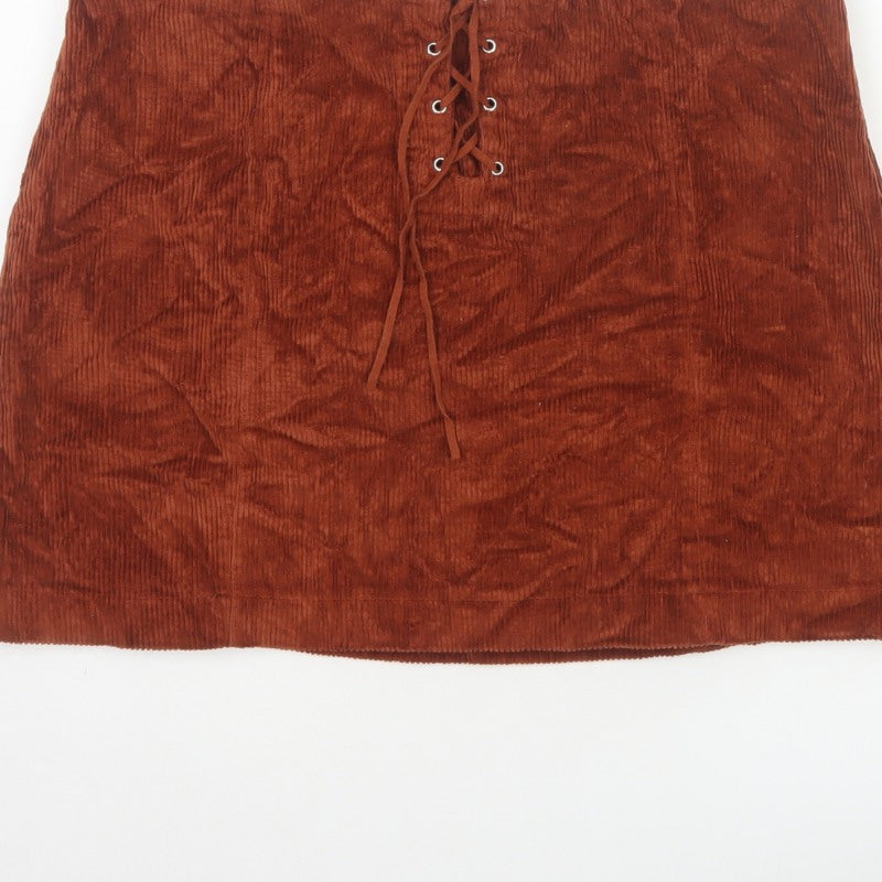 Lola Skye Women Brown UK 16 Corduroy Lace Up Mini Pencil Skirt