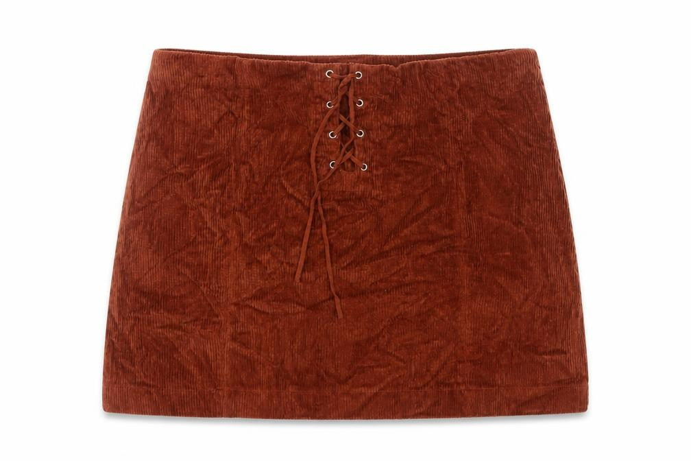 Lola Skye Women Brown UK 16 Corduroy Lace Up Mini Pencil Skirt