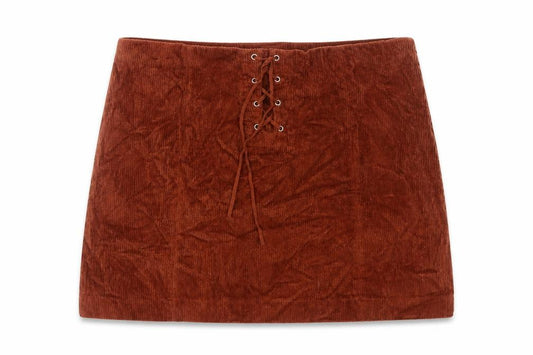Lola Skye Women Brown UK 16 Corduroy Lace Up Mini Pencil Skirt