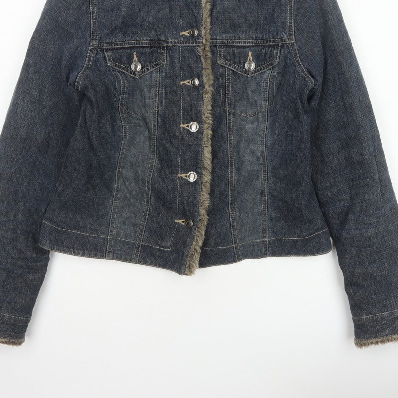 Principles Women Blue Cotton Faux Fur Trim Basic Jacket UK 12 Padded