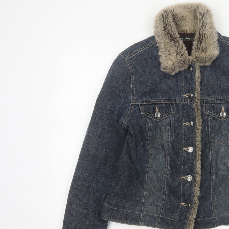 Principles Women Blue Cotton Faux Fur Trim Basic Jacket UK 12 Padded