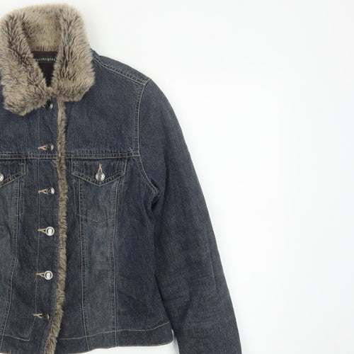 Principles Women Blue Cotton Faux Fur Trim Basic Jacket UK 12 Padded