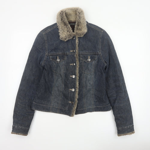 Principles Women Blue Cotton Faux Fur Trim Basic Jacket UK 12 Padded