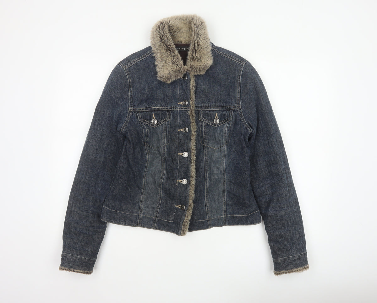 Principles Women Blue Cotton Faux Fur Trim Basic Jacket UK 12 Padded