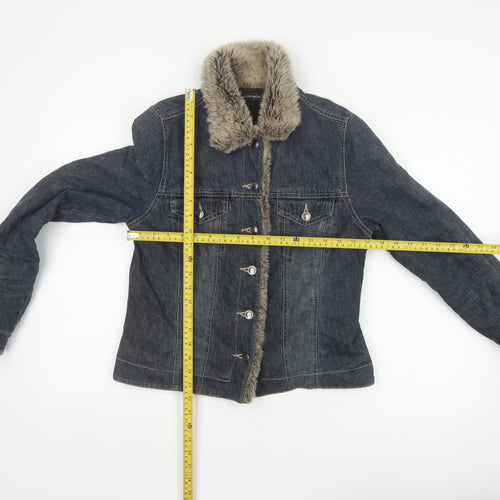 Principles Women Blue Cotton Faux Fur Trim Basic Jacket UK 12 Padded