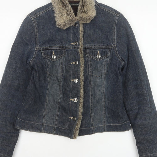 Principles Women Blue Cotton Faux Fur Trim Basic Jacket UK 12 Padded