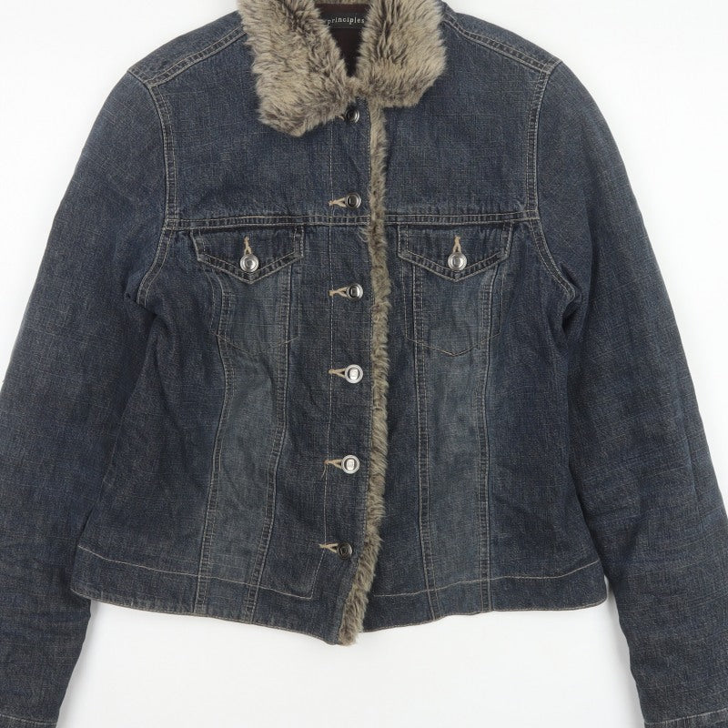 Principles Women Blue Cotton Faux Fur Trim Basic Jacket UK 12 Padded