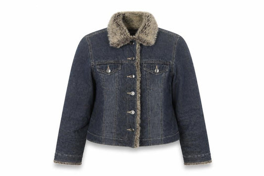 Principles Women Blue Cotton Faux Fur Trim Basic Jacket UK 12 Padded