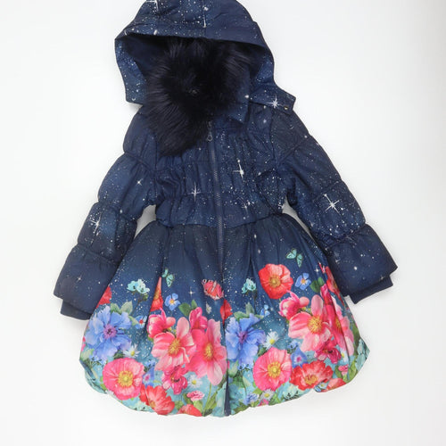 Monsoon Girls Blue 5-6 Years Floral Star Hooded Puffer Coat Faux Fur