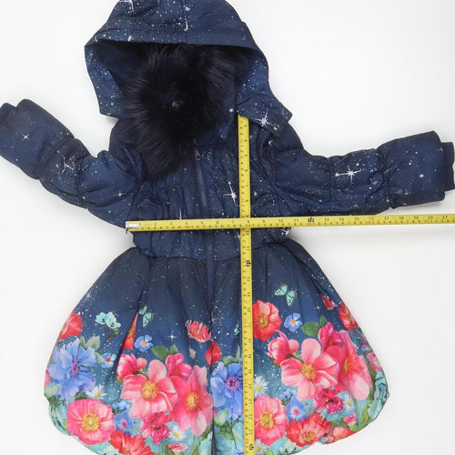 Monsoon Girls Blue 5-6 Years Floral Star Hooded Puffer Coat Faux Fur