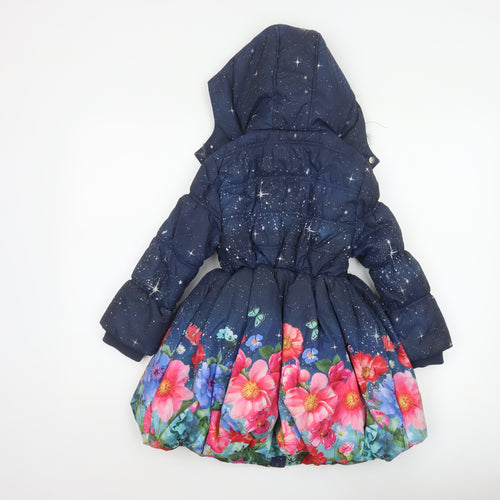 Monsoon Girls Blue 5-6 Years Floral Star Hooded Puffer Coat Faux Fur
