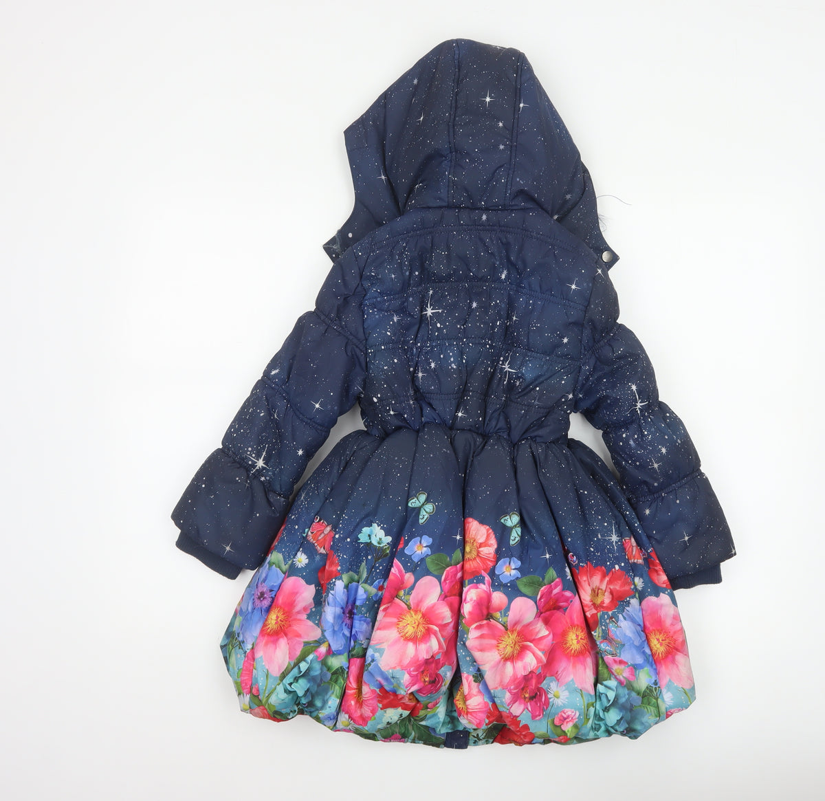 Monsoon Girls Blue 5-6 Years Floral Star Hooded Puffer Coat Faux Fur