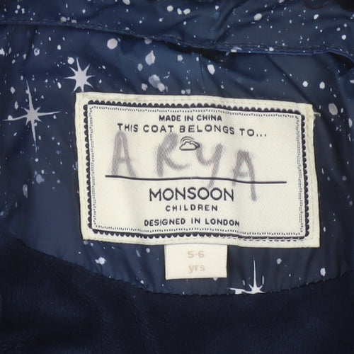 Monsoon Girls Blue 5-6 Years Floral Star Hooded Puffer Coat Faux Fur