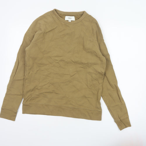 Marks and Spencer Men Brown S Crew Neck Cotton Pullover Sweatshirt