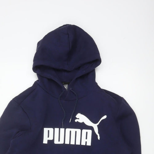 Puma Women's Navy Blue S Logo Pullover Hoodie Drawstring Pocket