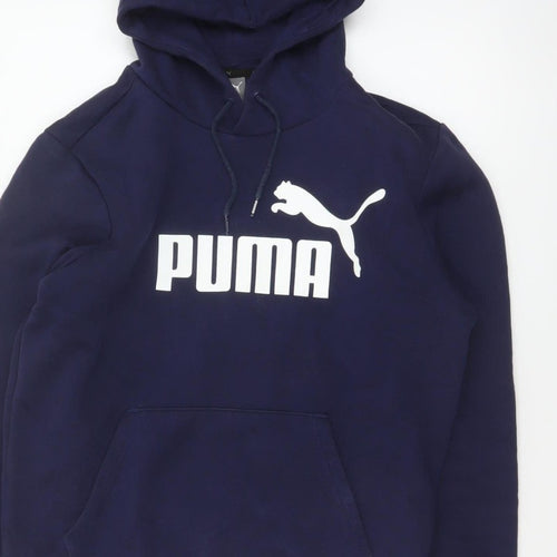 Puma Women's Navy Blue S Logo Pullover Hoodie Drawstring Pocket