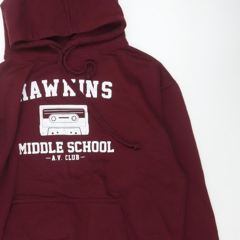 Club Classic Men's Red L Pullover Hoodie Hawkins Middle School 80s Graphic
