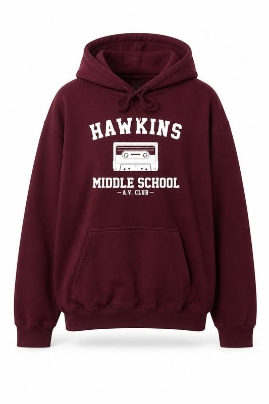 Club Classic Men's Red L Pullover Hoodie Hawkins Middle School 80s Graphic