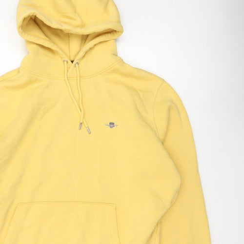 GANT Men’s Yellow L Pullover Hoodie Logo Drawstring Cotton Blend