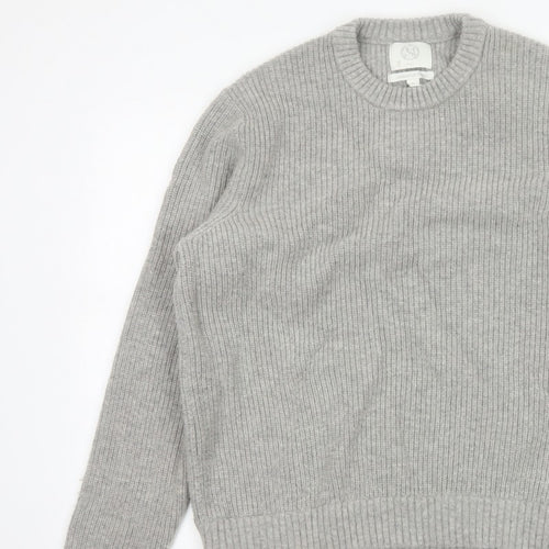 Marks and Spencer Men Grey XL Lambswool Blend Rib Knit Crew Neck Jumper