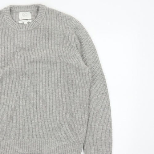 Marks and Spencer Men Grey XL Lambswool Blend Rib Knit Crew Neck Jumper