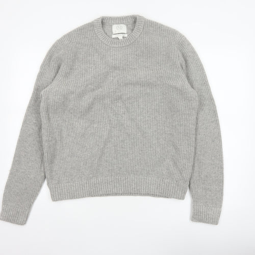Marks and Spencer Men Grey XL Lambswool Blend Rib Knit Crew Neck Jumper