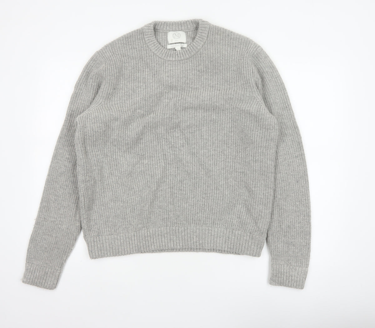 Marks and Spencer Men Grey XL Lambswool Blend Rib Knit Crew Neck Jumper