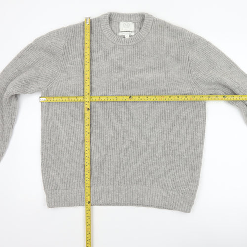 Marks and Spencer Men Grey XL Lambswool Blend Rib Knit Crew Neck Jumper
