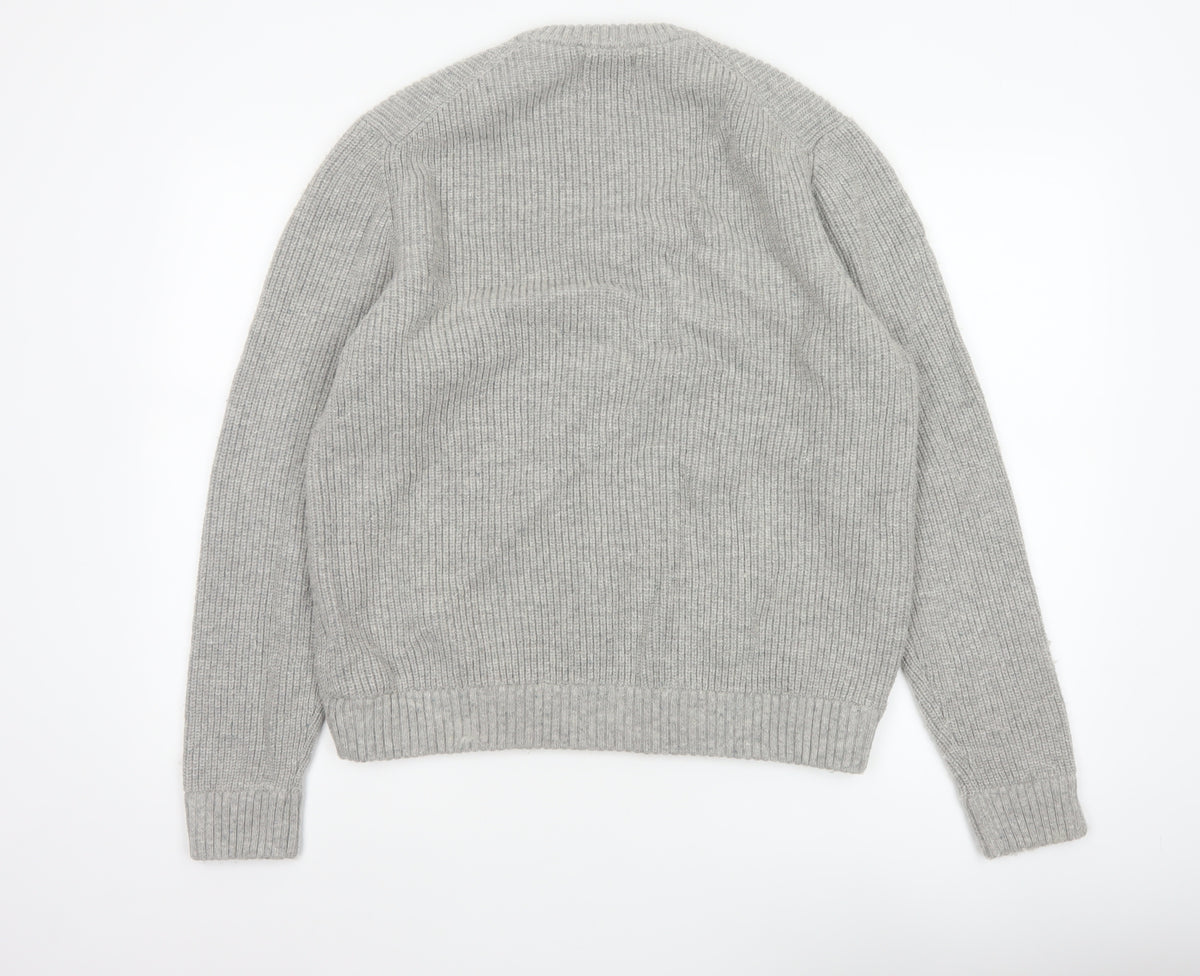 Marks and Spencer Men Grey XL Lambswool Blend Rib Knit Crew Neck Jumper