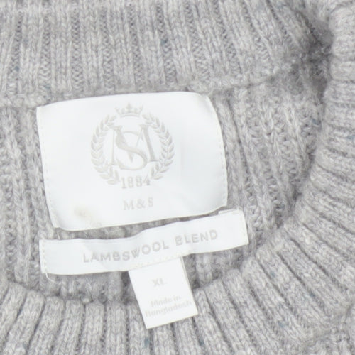 Marks and Spencer Men Grey XL Lambswool Blend Rib Knit Crew Neck Jumper