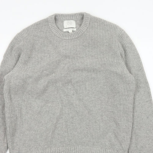 Marks and Spencer Men Grey XL Lambswool Blend Rib Knit Crew Neck Jumper