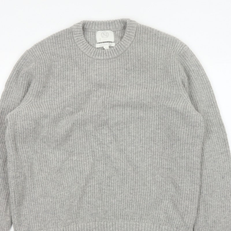 Marks and Spencer Men Grey XL Lambswool Blend Rib Knit Crew Neck Jumper