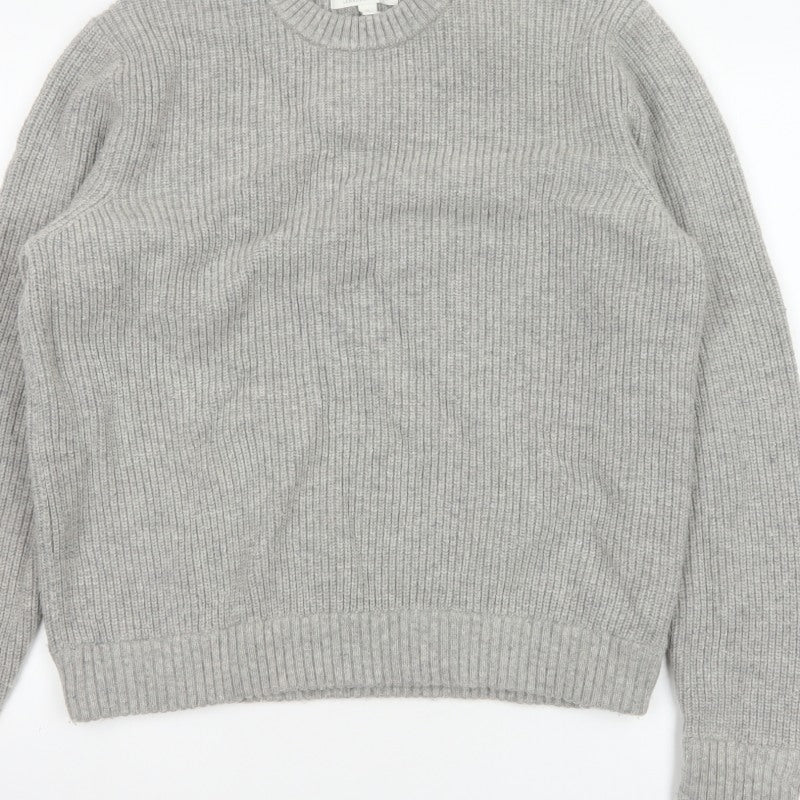 Marks and Spencer Men Grey XL Lambswool Blend Rib Knit Crew Neck Jumper