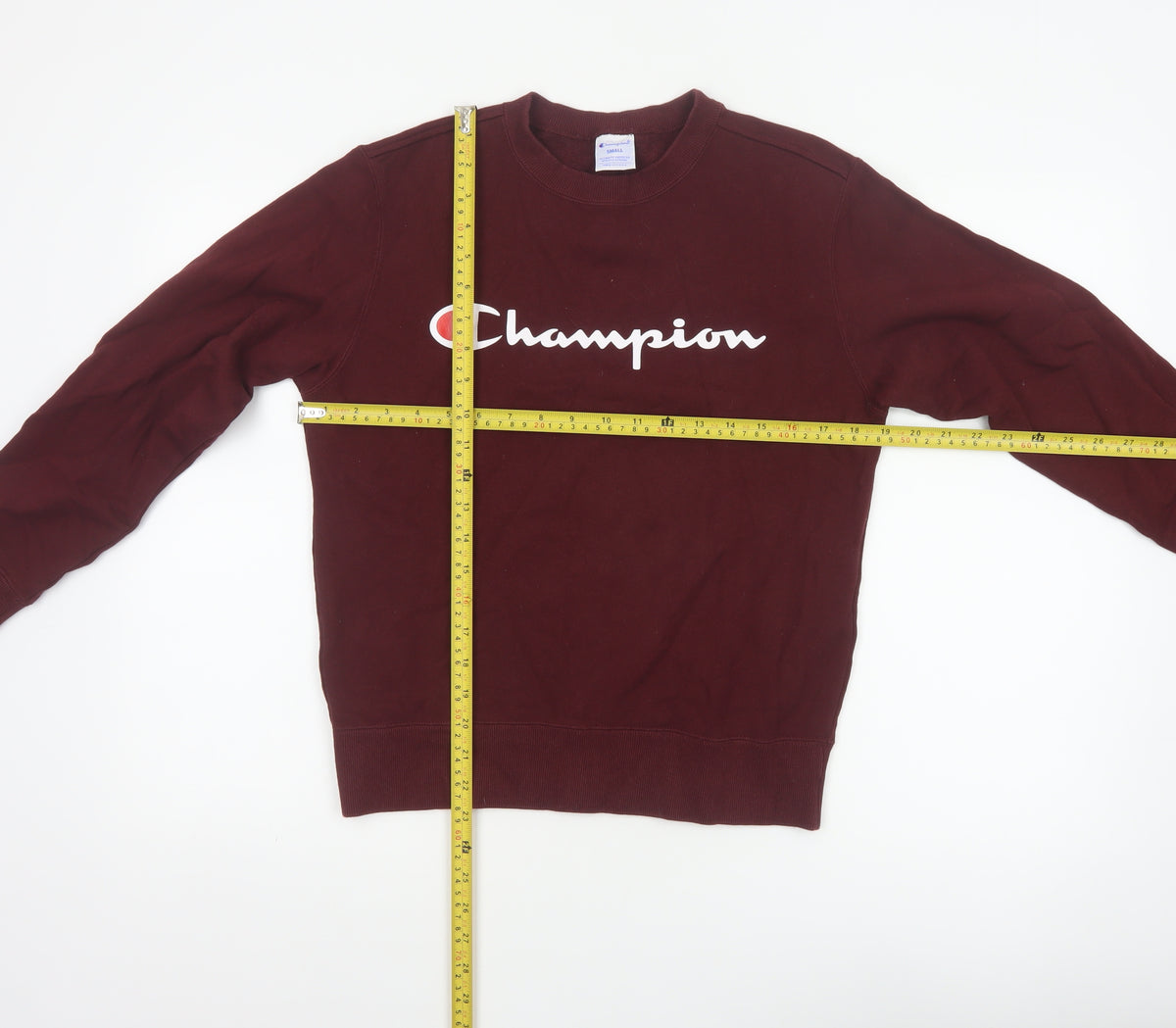 Close-up detail of Champion Women Brown S Pullover Sweatshirt Logo Crew Neck