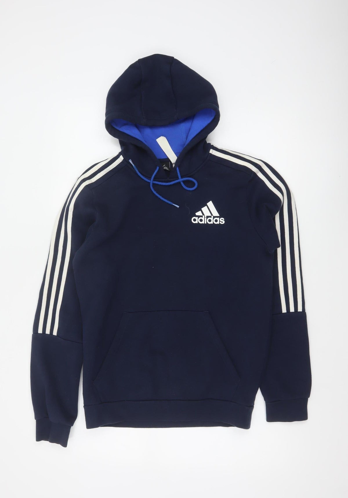 Adidas Men’s Navy Blue S Pullover Hoodie 3 Stripe Logo Pocket