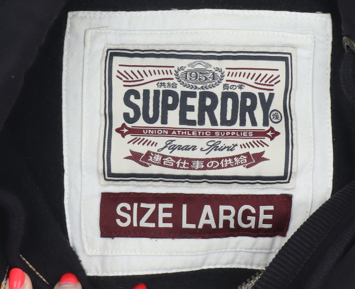 Superdry Men’s Black Large Full Zip Hoodie Logo College Cotton Blend