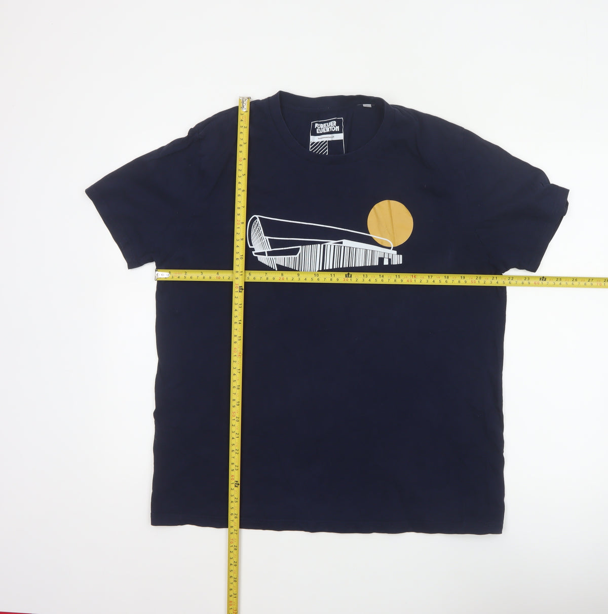 Close-up detail of Forever Everton Men’s Blue L Graphic Print Crew Neck T-Shirt