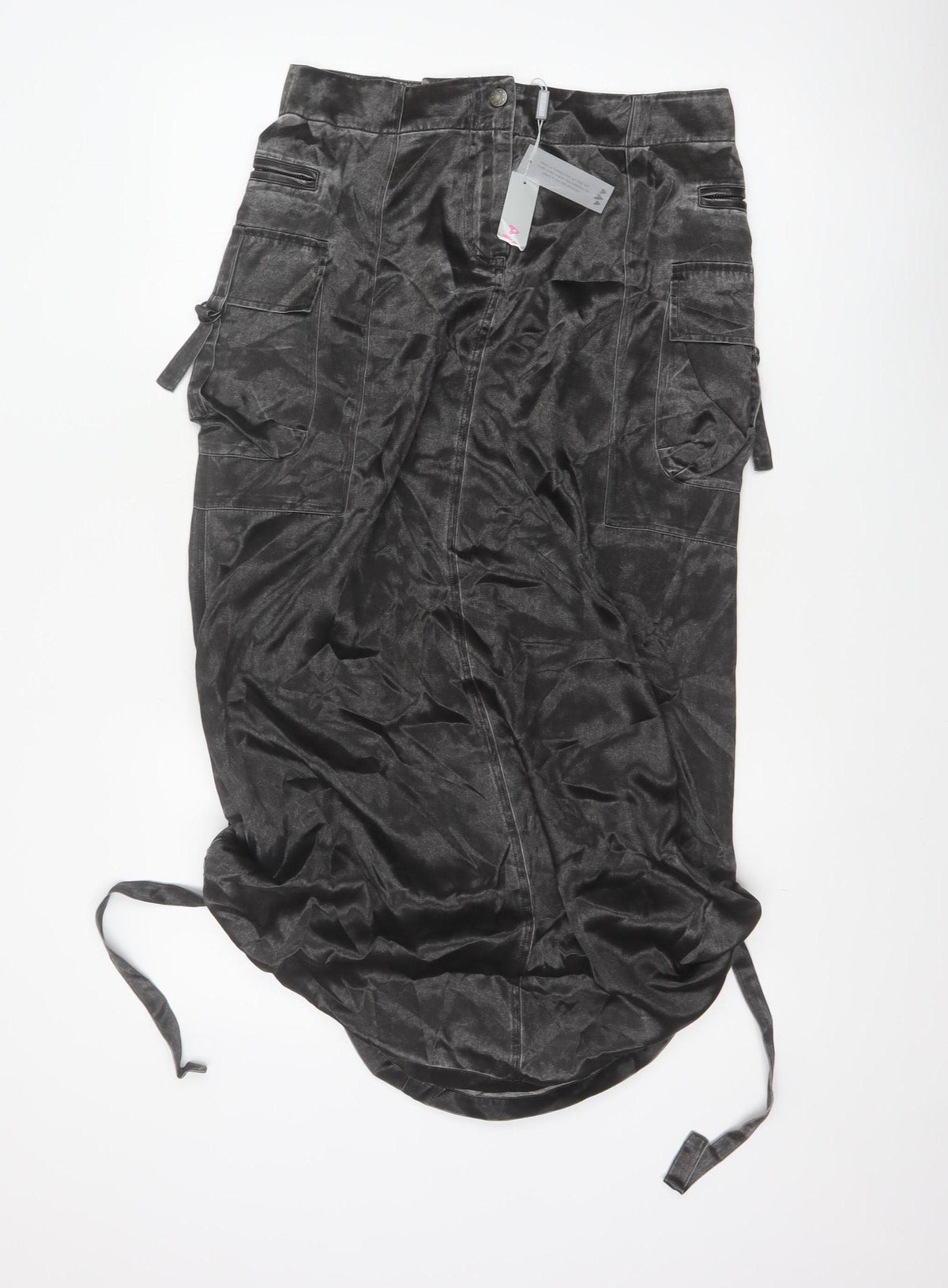 Per Una Women Black Size 10 Cargo Long Satin Skirt Pockets NWT