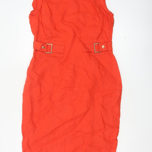 Per Una Women Red Linen Pencil Dress UK 12 Sleeveless Buckle Workwear