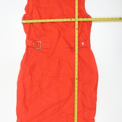 Per Una Women Red Linen Pencil Dress UK 12 Sleeveless Buckle Workwear