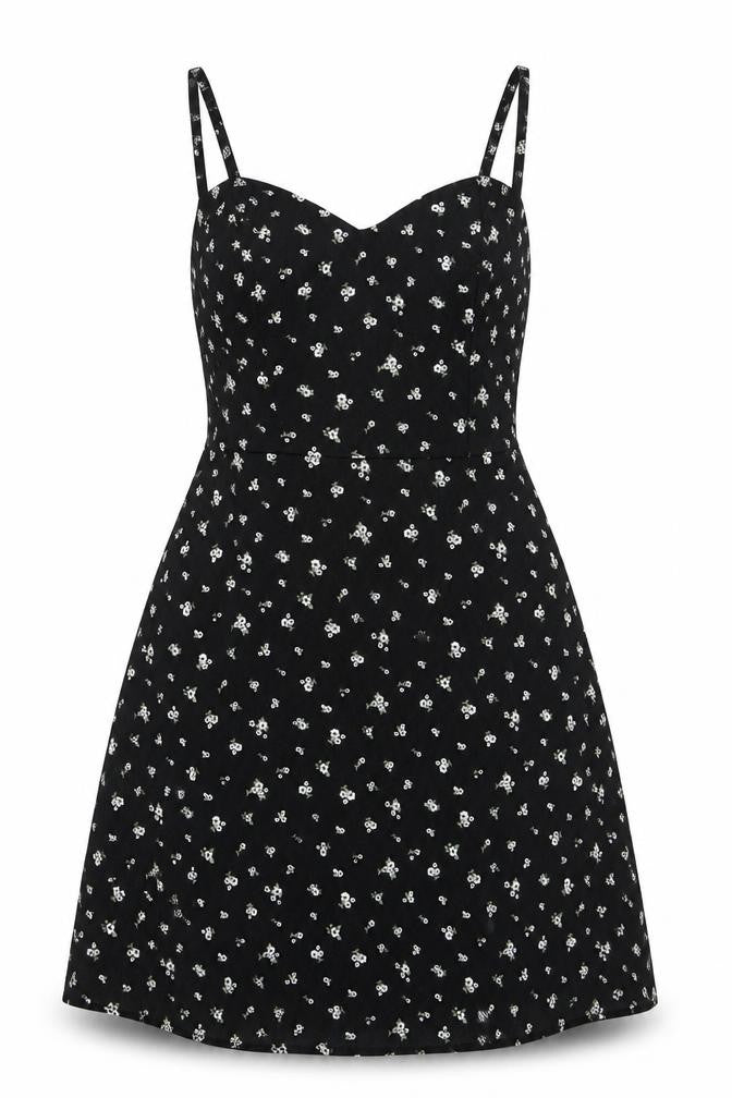 Hollister Women's Black Floral XS Fit & Flare Knee Dress