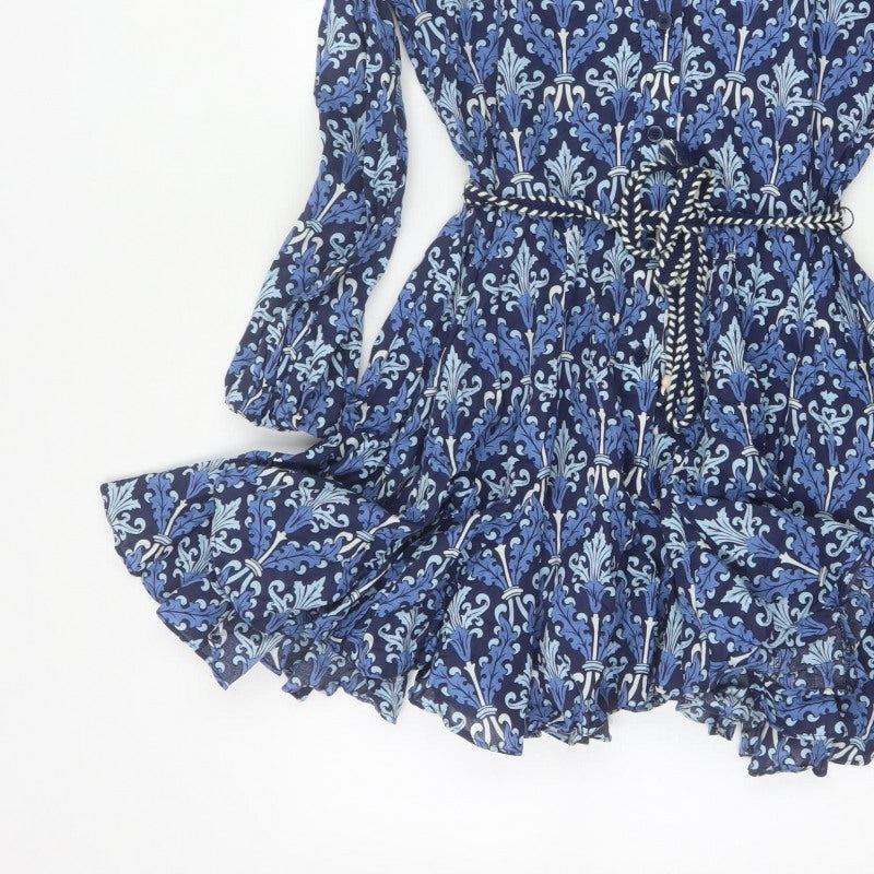 Zara Women Blue UK 8 Cotton Floral Belted Shirt Dress