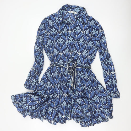 Zara Women Blue UK 8 Cotton Floral Belted Shirt Dress